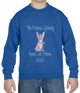 Personalised child's hand drawn Hare family Christmas at home jumper